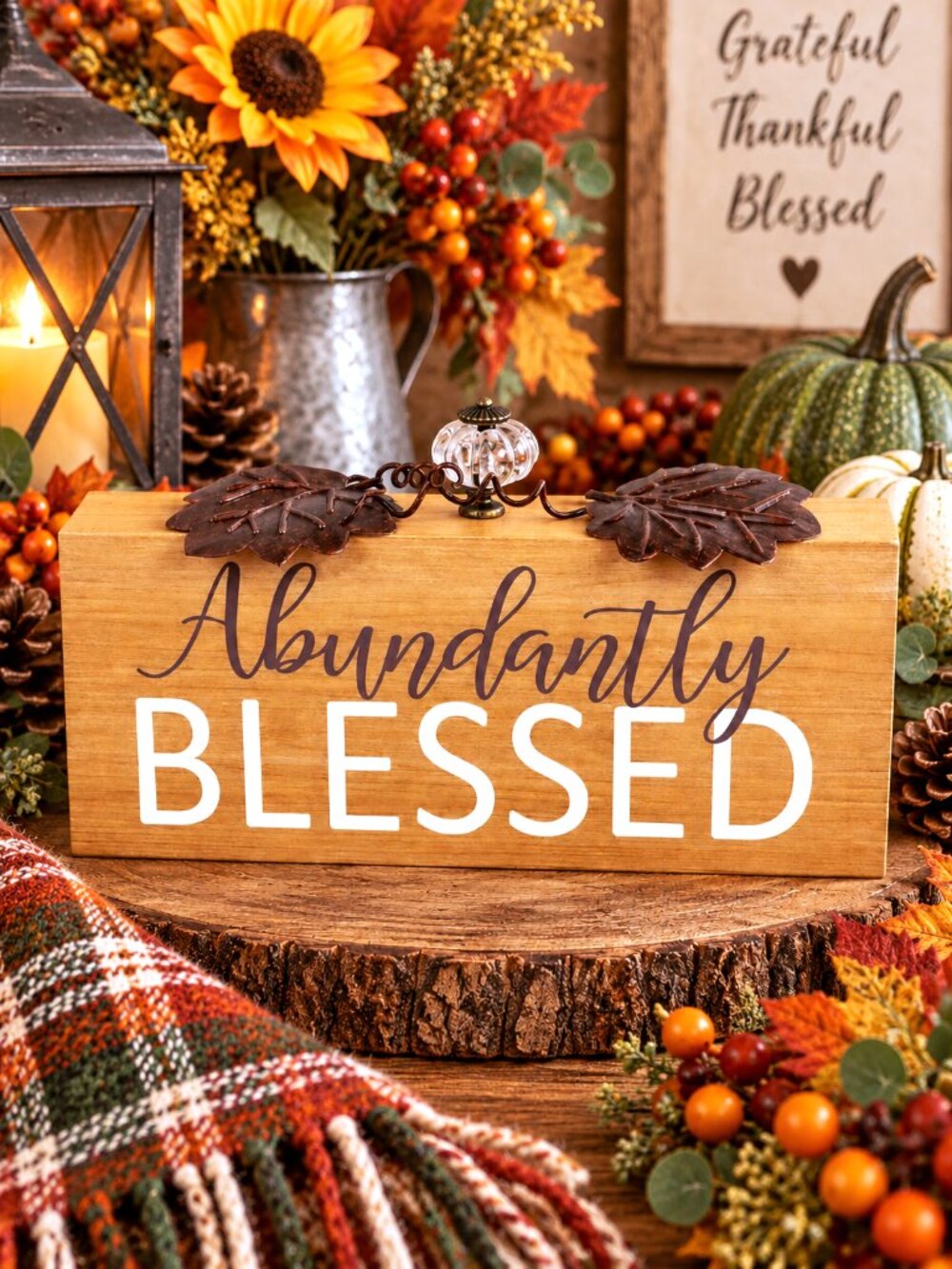 Abundantly Blessed Wood Sign Metal Leaves Crystal Accent Fall Thanksgiving Décor